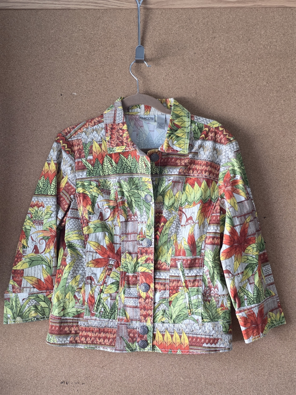 Chico’s Cotton Leaf Print Stretch Jacket Size 1 (M/L) Multicolor Artsy Monkeys
